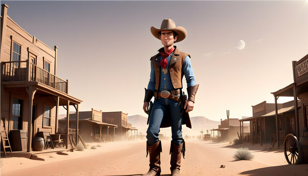 A 3D rendered cartoon character as a wild west cowboy, standing tall in a dusty desert town