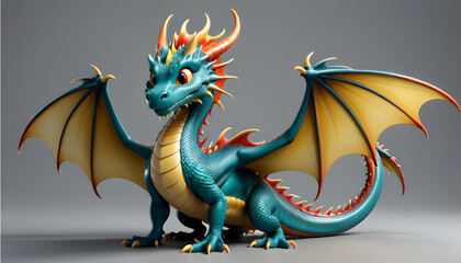 A 3D-rendered whimsical dragon, friendly and colorful, set against a grey backdrop