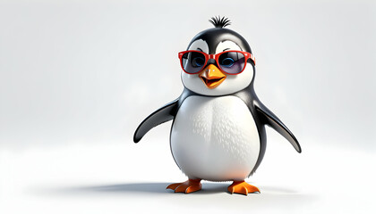 Obraz premium Cartoonish 3D rendering of a cheerful penguin on a white background, wearing sunglasses