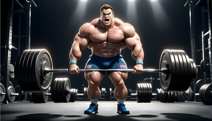 Fototapeta na wymiar Cartoon-style 3D weightlifter lifting heavy weights with determination on a new backdrop