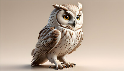Enchanting 3D depiction of a wise owl, perched elegantly against a creamy background
