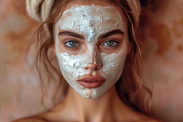 Skincare Model skin acne. Beautiful Woman uses face cream, perfume passion, skin care products, granulomatous rosacea lip balm, lotion & eye patch. Natural exfoliating cream jar opalescent pot - obrazy, fototapety, plakaty
