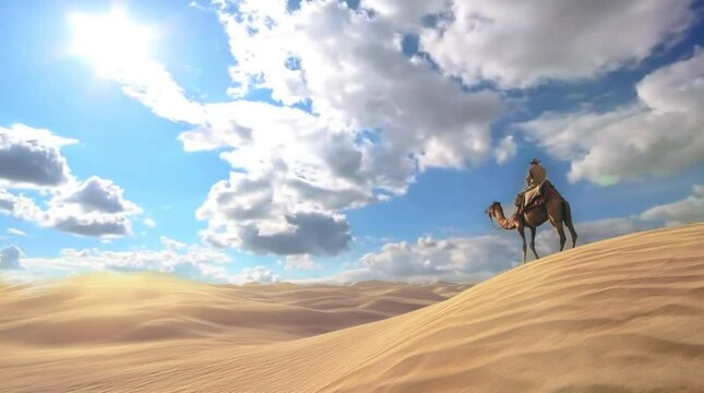 camel rider in the middle of the sand desert with clear sky ramadan loop animation background illustration