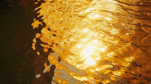 The Reflection Of A Steel Industrial Building In A Nearby River Its Form Distorted By The Rippling Golden Light.