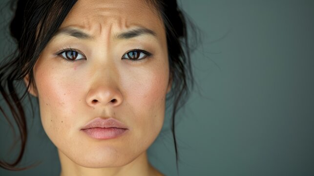 A woman of Asian descent her eyes narrowed and lips pulled into a sneer of irritation.