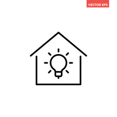 Black smart home time line icon, simple house with light bulb flat design pictogram, infographic vector for app logo web button ui ux interface elements isolated on white background