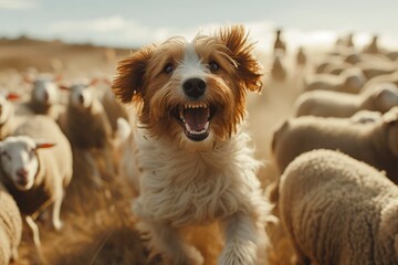 a playful yorkshire terrier dog with a mischievous grin, herding a flock of sheep into a pen, capturing the energetic and humorous dynamics of the scene
