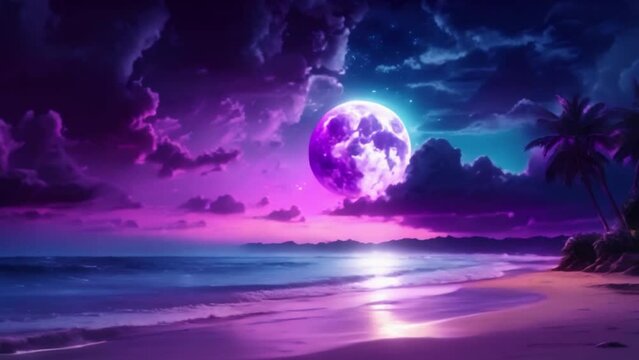 night violet natural sky, round moon on the jungle, blue night clouds, night beach