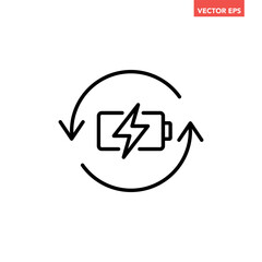 Black single recharge battery line icon, simple charging power with repeat arrow flat design pictogram, infographic illustration for app logo web button ui ux interface elements