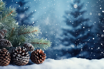 Fototapeta na wymiar winter christmas background with snow fir branches cones on forest background