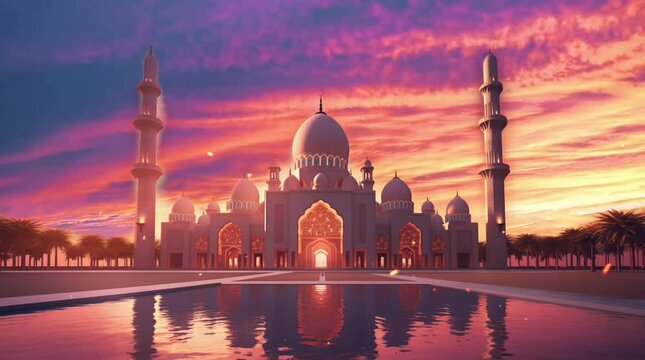 majestic mosque in the middle of the desert with palm trees with dawn sky ramadan loop animation background illustration