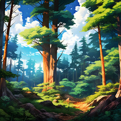 Beautiful anime-style landscape painting of a thick verdant forest beneath a bright blue midday summery sky