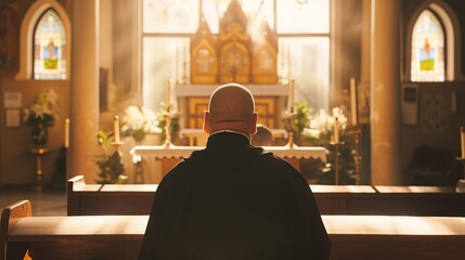 Back view of an old priest praying in church - obrazy, fototapety, plakaty