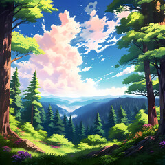 Beautiful anime-style landscape painting of a pine forest with mountains in the background beneath a cloudy blue midday sky