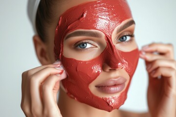 Skincare Model preventive wellness model. Well groomed woman uses face cream, perfume history, pomegranate extract lip balm, lotion & eye patch. Skin care muscle recovery jar organic pot