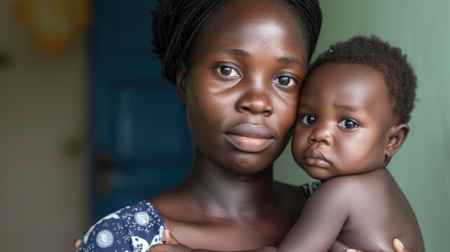 A single mother with HIV carrying her infant child in her arms and worrying about their future.