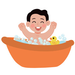 Cute baby boy take a bath with little duck vector illustration