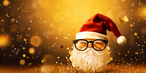 Cheerful cartoon Santa Claus with golden jingle A Christmassy scene holidays and people concept close up of  in glasses winking over red hat  yellow light background. - obrazy, fototapety, plakaty