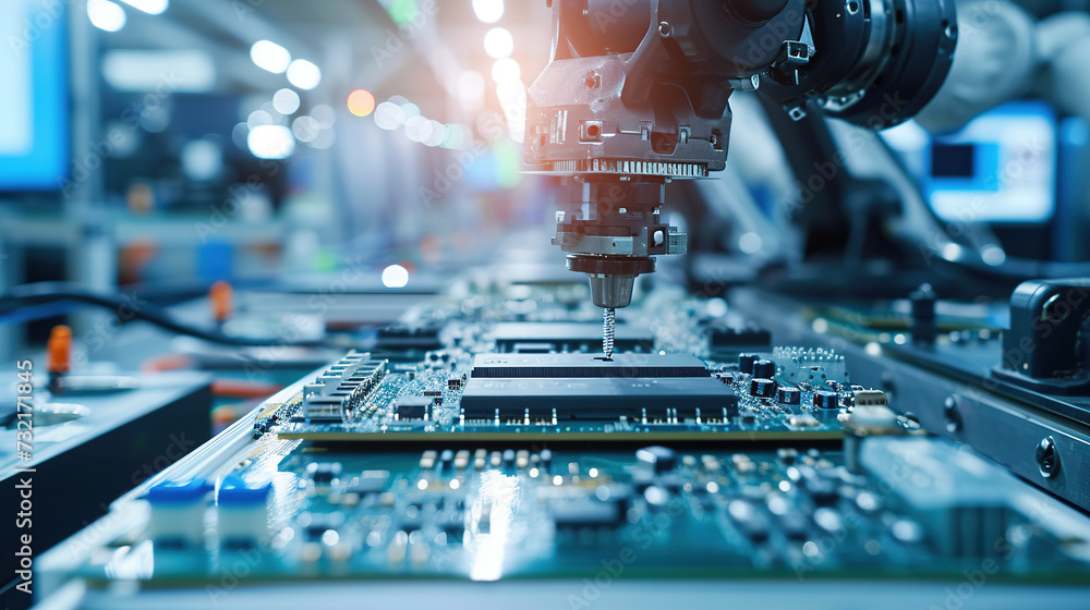 Aufkleber printed circuit board workshop with automated chip mounter. electronic circuit board