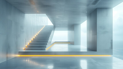 Obraz premium Modern Minimalist Ocean-View Stairs: Tranquil Concrete Design with Illuminated Steps