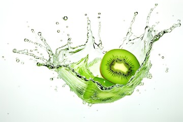 slices of kiwi fruit splashed with green water on a white background