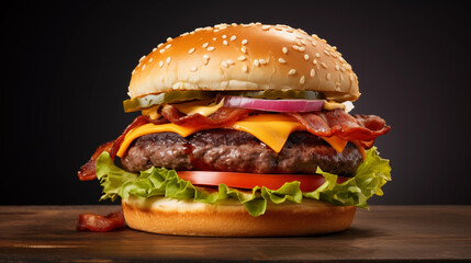 Closeup Of A Classic American Fast Food Burger. Single Quarter Pounder Burger With Bacon, Lettuce, Tomatoes And Cheese