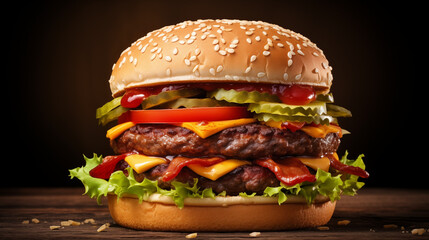 Closeup Of A Classic American Fast Food Burger. Double Quarter Pounder Burger With Bacon, Lettuce,...