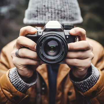 A pair of hands holding a camera with a focus lens