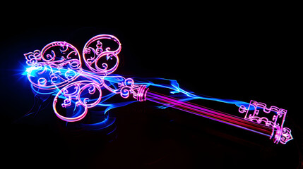 Neon light trail illustration of a medieval key isolated on black background. Created with generative AI.
