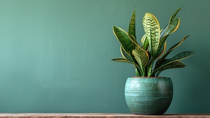 A snake plant with a decorative pot against a clean blue backdrop, Generative AI.