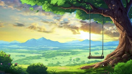 Animated illustration of a hanging wooden swing with a beautiful natural scenery background. Animated scenery background illustration.