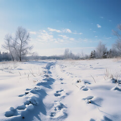 A snowy landscape with footprints. 