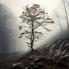 A solitary tree in a foggy forest. 