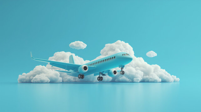 air plane with clouds 3d illustration, travel and holiday concept.