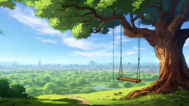 Animated illustration of a hanging wooden swing with a beautiful natural scenery background. Animated scenery background illustration.