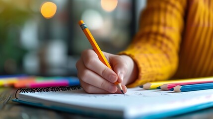 A woman hand writing in a white notebook wearing sweater with a big empty space, Generative AI.