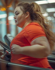An overweight woman runs on the gym treadmill with determination and commitment to her health. Woman running on treadmill with motion blur effect.