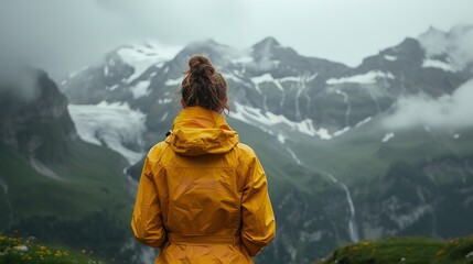 A woman hiking in rain with wearing rain coat with a empty space, Generative AI.