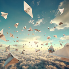 A trail of paper airplanes soaring through the sky