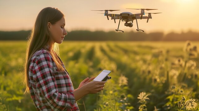 A woman with a drone in a field signifies innovation and robust farms technology with space, Generative AI.