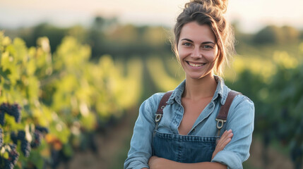 Beautiful smiling female farmer with folded hands standing in front of blurred vineyard