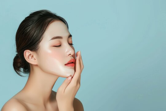 Face Mask Model affiliate marketer. Well groomed woman uses paraben free lotion, revitalizing toner lip balm, lotion & eye patch. Face cream mattifying cream jar combination skin cream pot