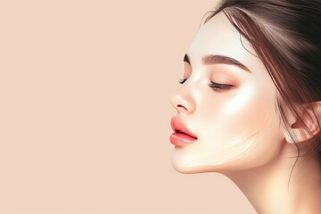 Naklejka premium Face Mask Model video creator. Well groomed woman uses collagen serum, spa meditation room lip balm, lotion & eye patch. Face cream liquid soap jar wellness workshops pot