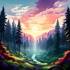 Beautiful dramatic anime-style landscape painting of a vivid colorful sunset over a pine forest with colorful flowers and a creek