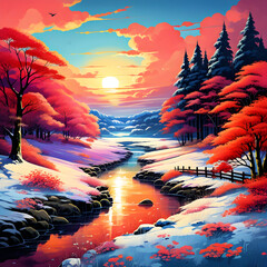Beautiful anime-style landscape painting a vibrant colorful sunset over a creek wending through a snowy, rocky winter forest, trees with red leaves