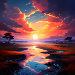 Beautiful anime-style landscape painting of the sun setting in over a vast savanna oasis with sparse trees