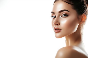 Obraz premium Skincare Model promotional partnership. Well groomed woman uses beauty treatment, salon service lip balm, lotion & eye patch. Face cream eyebrow shaping jar uncluttered pot