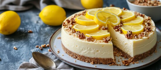 A sweet lemon cheesecake with tangy lemon slices, served on a plate alongside a spoon.