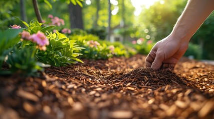 Close shot of hand spreading mulch around with space, Generative AI. - obrazy, fototapety, plakaty