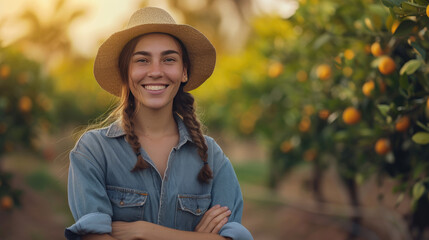 Beautiful young woman farmer smiling with folded hands in front of blurred orange grove